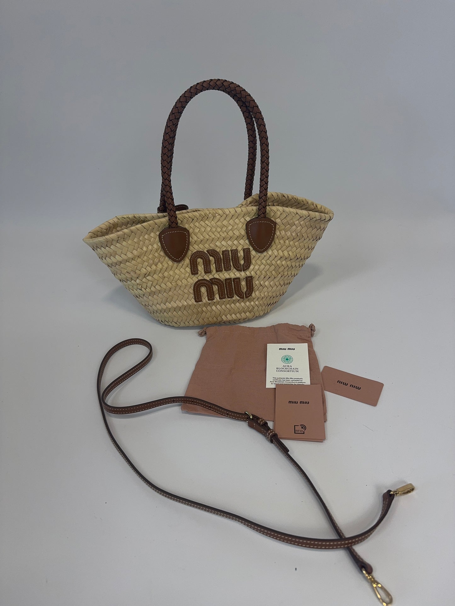 Miu Miu Logo Patch Raffia Tote Bag