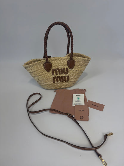 Miu Miu Logo Patch Raffia Tote Bag