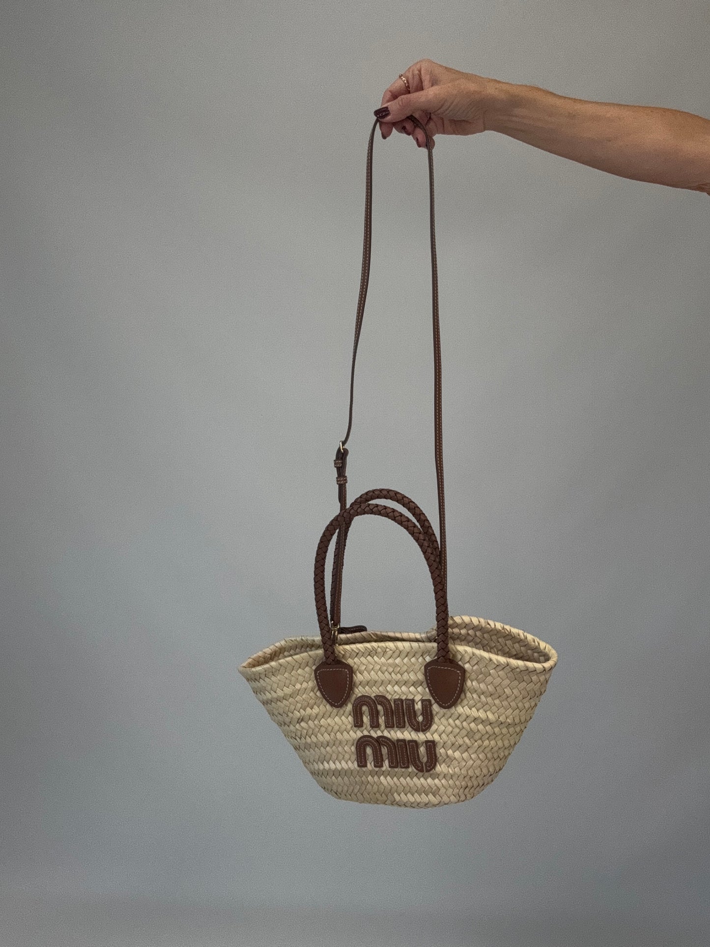 Miu Miu Logo Patch Raffia Tote Bag