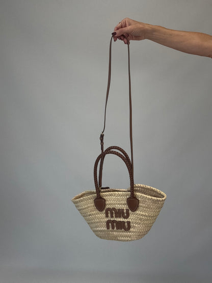 Miu Miu Logo Patch Raffia Tote Bag
