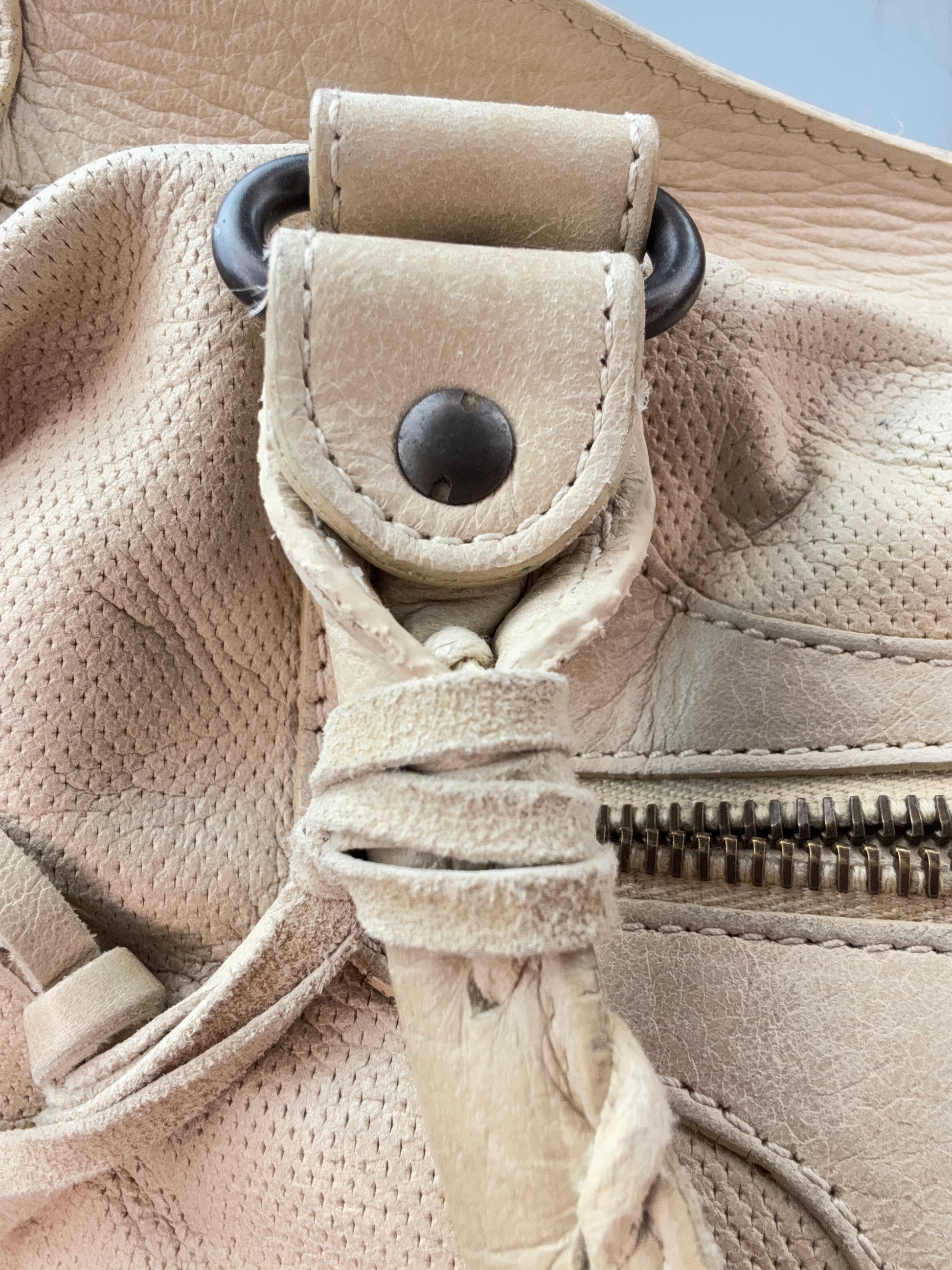 Balenciaga Agneau Leather Motorcycle City Bag Beige front handle hardware left side