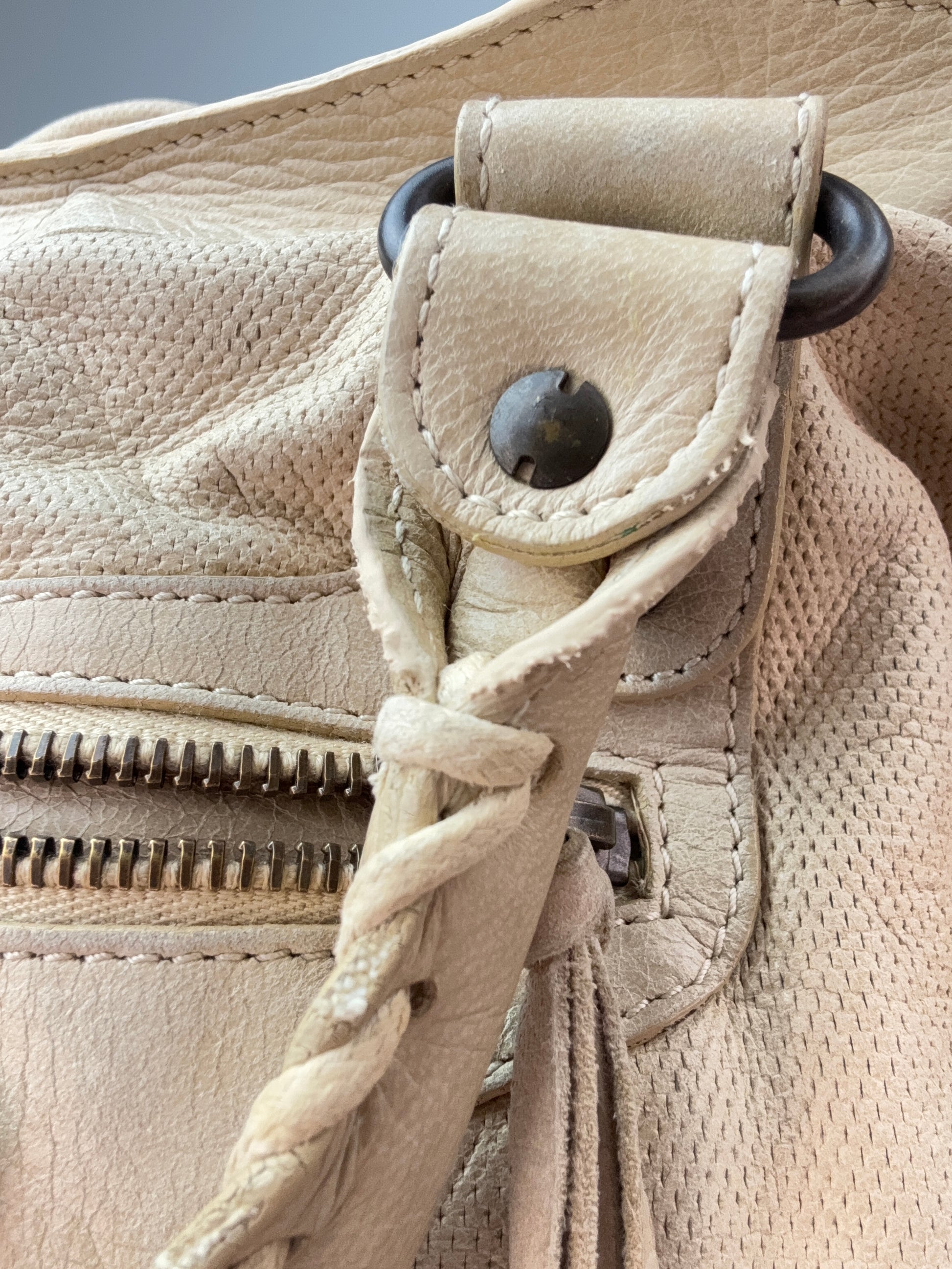 Balenciaga Agneau Leather Motorcycle City Bag Beige front handle hardware right side