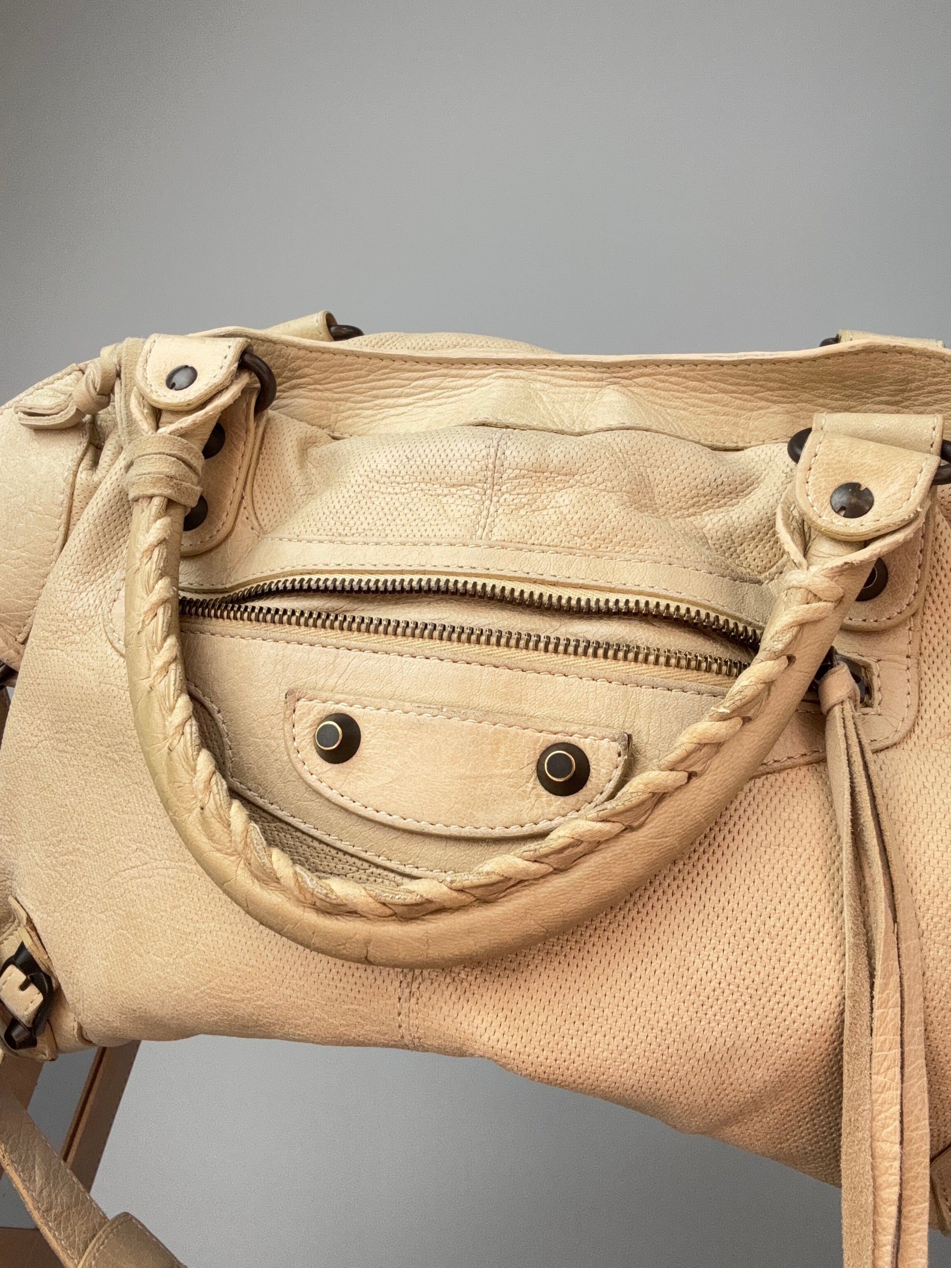 Balenciaga Agneau Leather Motorcycle City Bag Beige interior of front top handle