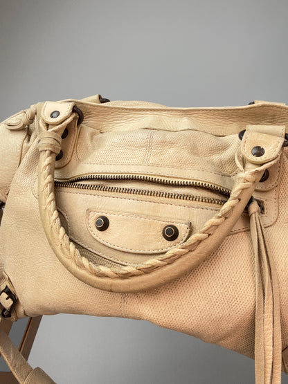 Balenciaga Agneau Leather Motorcycle City Bag Beige interior of front top handle