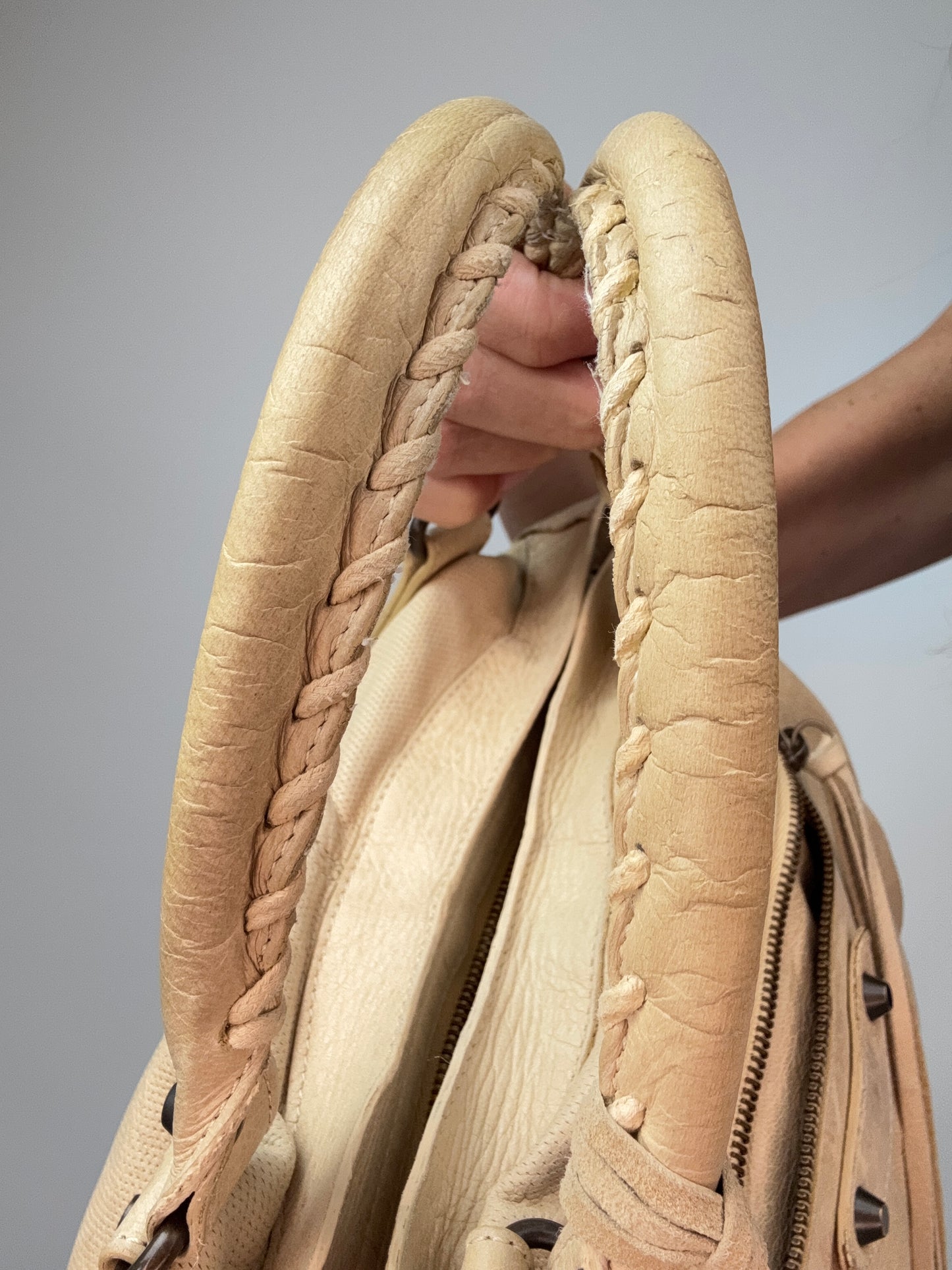 Balenciaga Agneau Leather Motorcycle City Bag Beige top of both top handles left side
