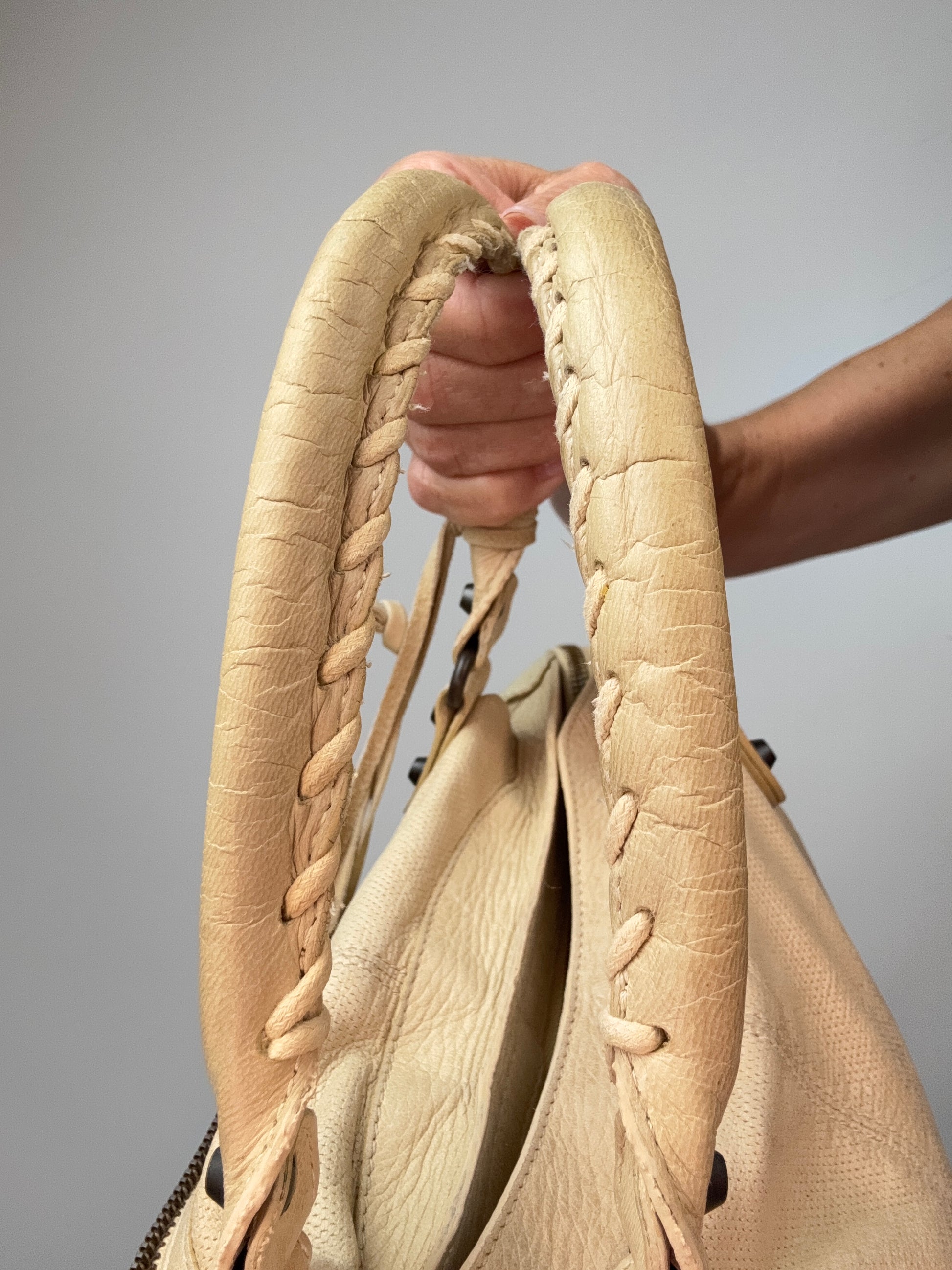 Balenciaga Agneau Leather Motorcycle City Bag Beige top of both top handles right side