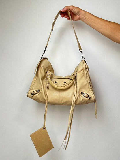 Balenciaga Agneau Leather Motorcycle City Bag Beige with detachable shoulder strap