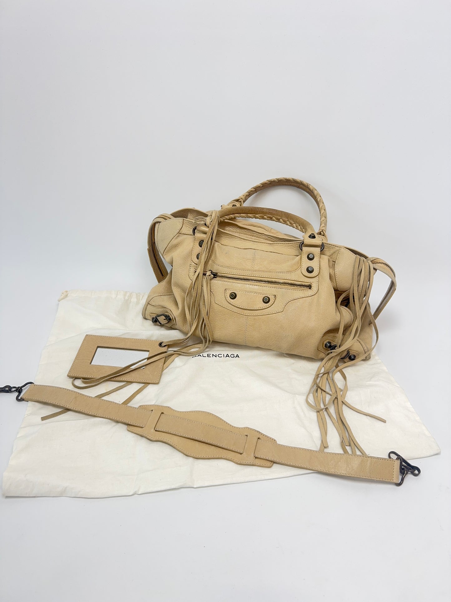 Balenciaga Agneau Leather Motorcycle City Bag Beige with shoulder strap and dust bag