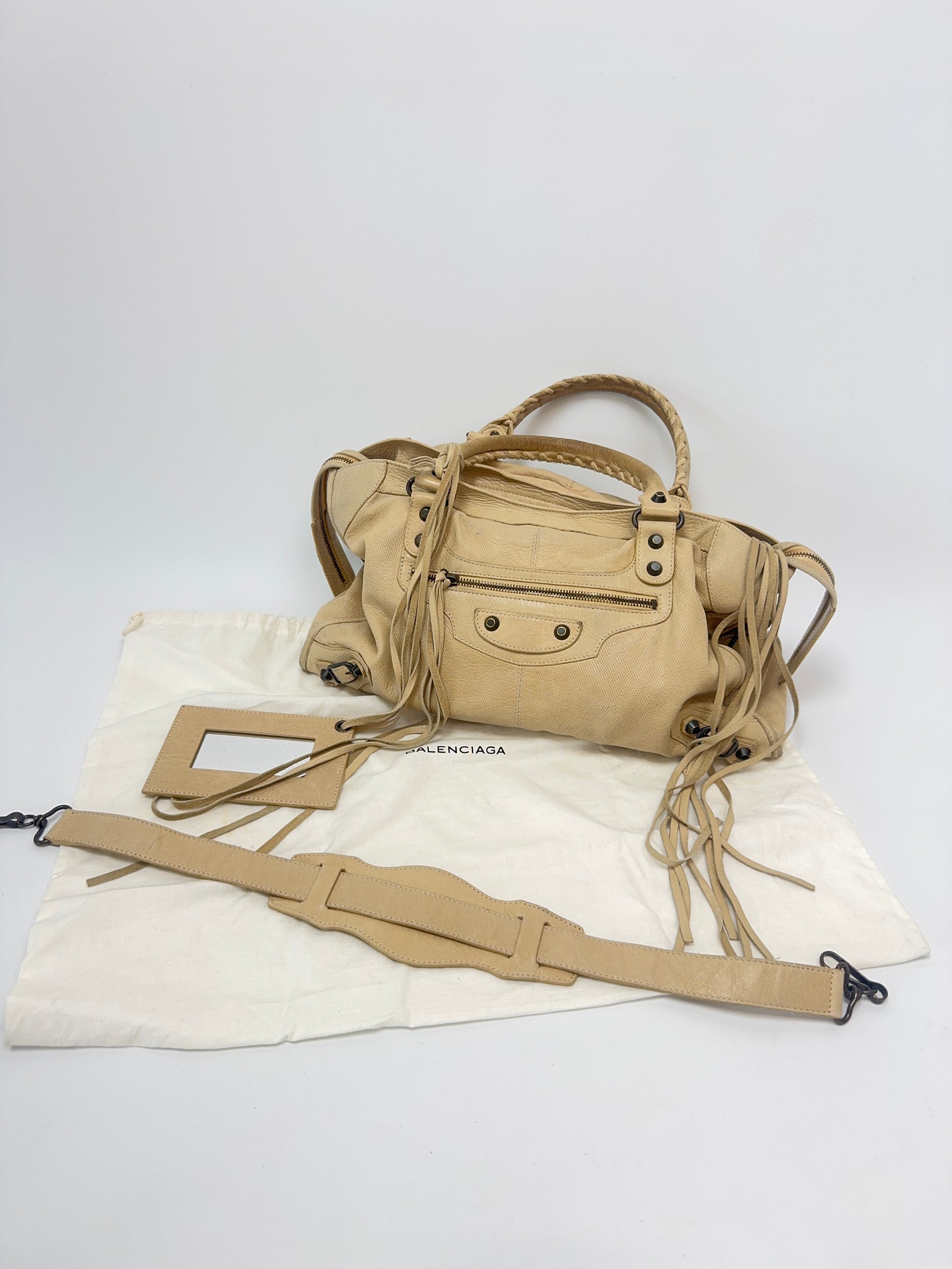 Balenciaga Agneau Leather Motorcycle City Bag Beige with shoulder strap and dust bag