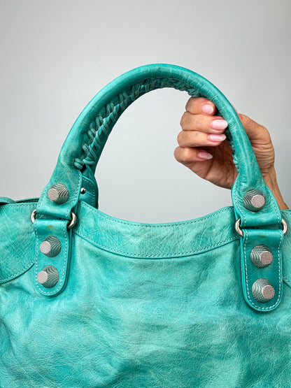 Balenciaga Giant Le City Bag Turquoise back of top handles