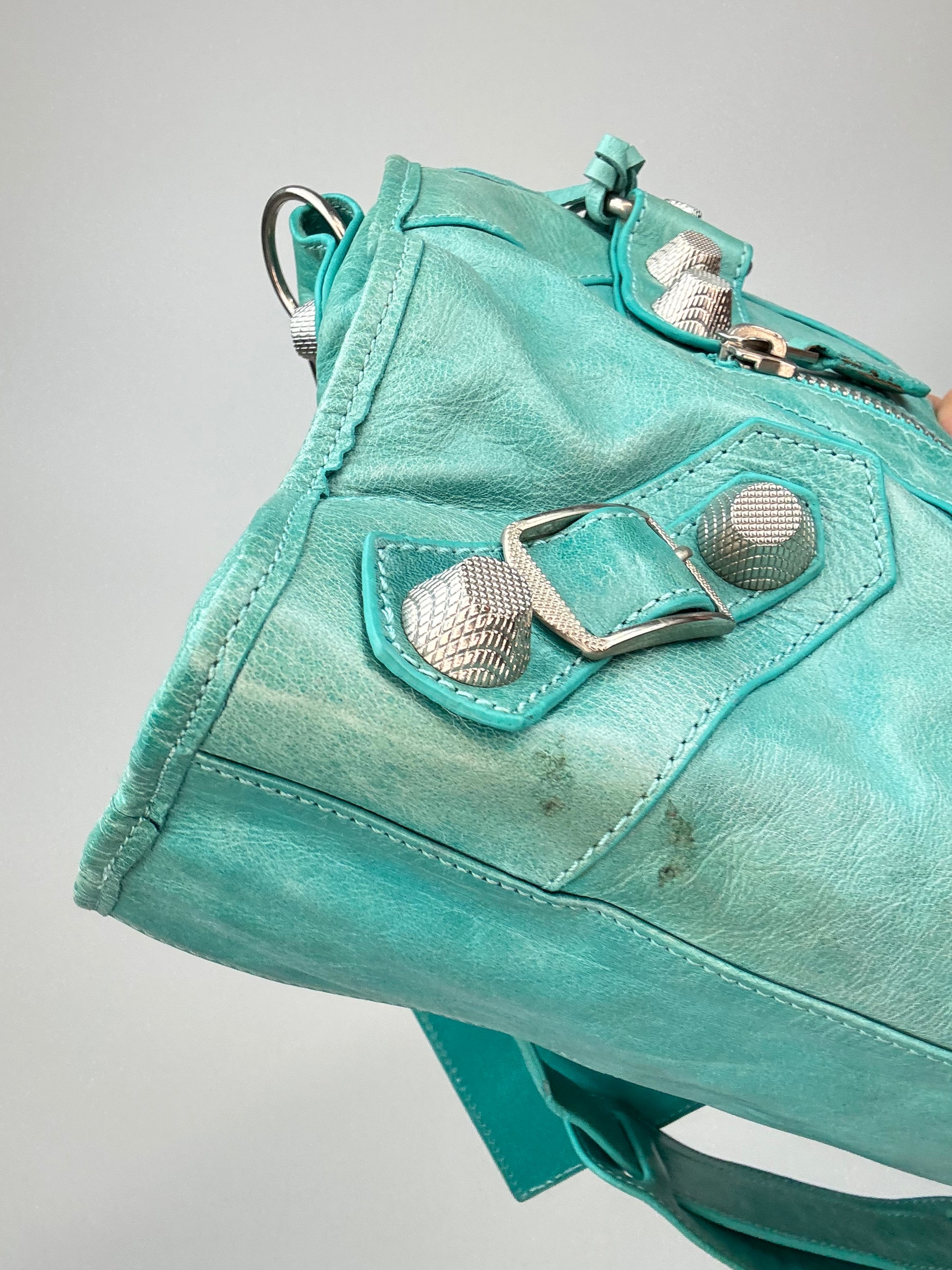 Balenciaga Giant Le City Bag Turquoise front left bottom corner