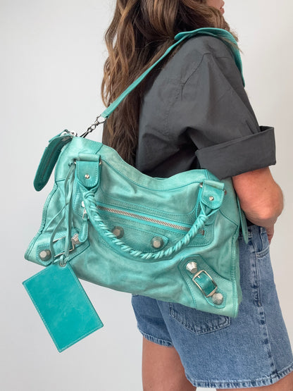 Balenciaga Giant Le City Bag Turquoise modeled 2