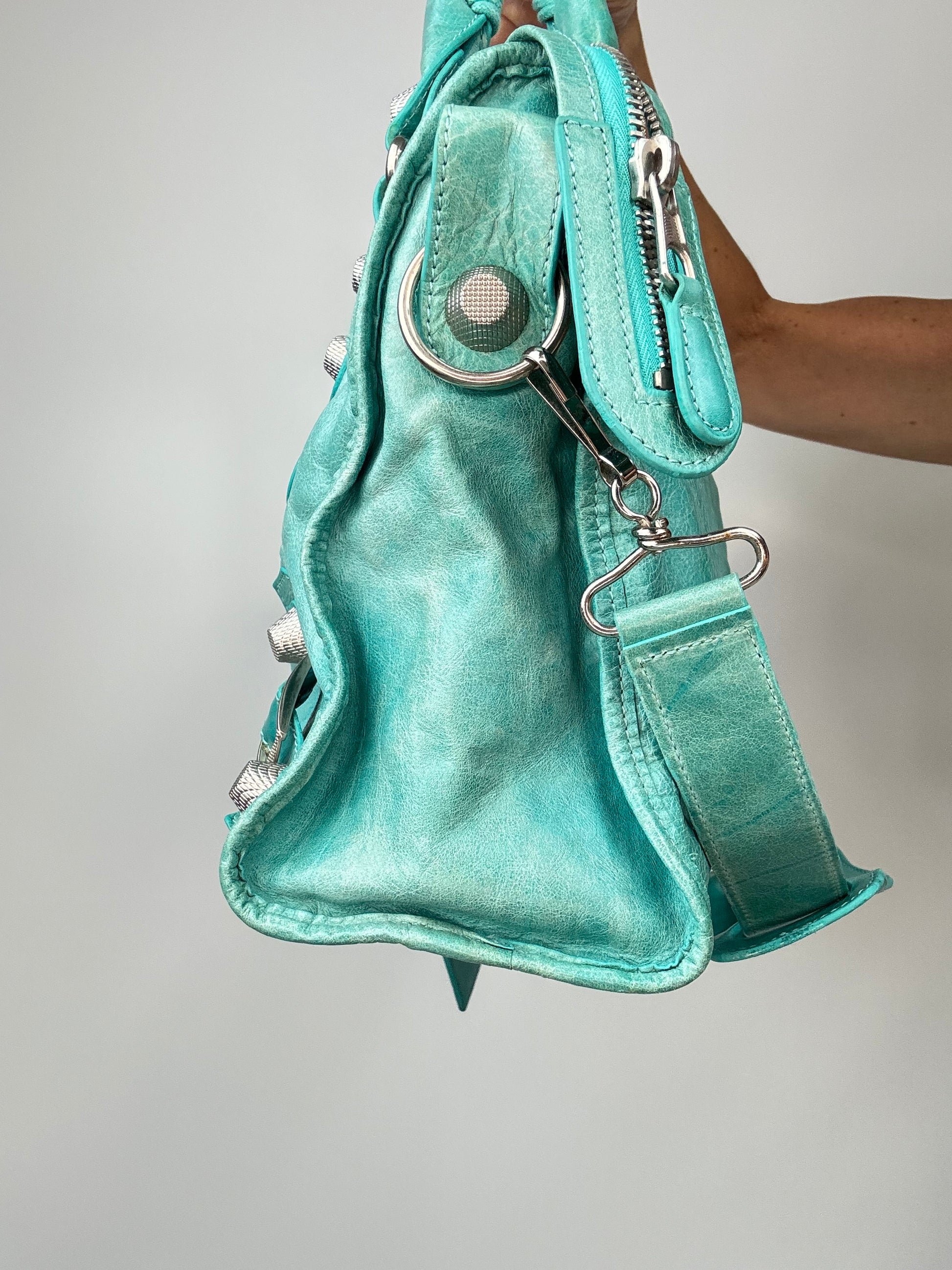 Balenciaga Giant Le City Bag Turquoise right side of bag