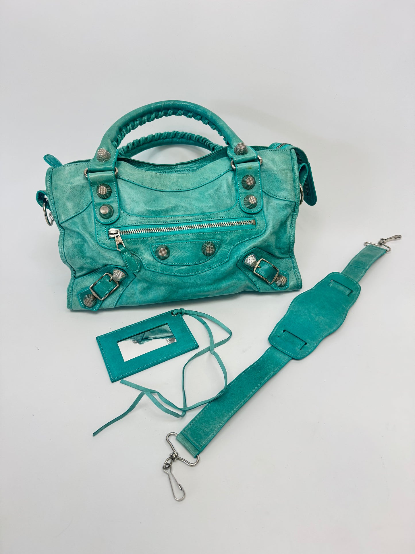 Balenciaga Giant Le City Bag Turquoise with shoulder strap and mirror