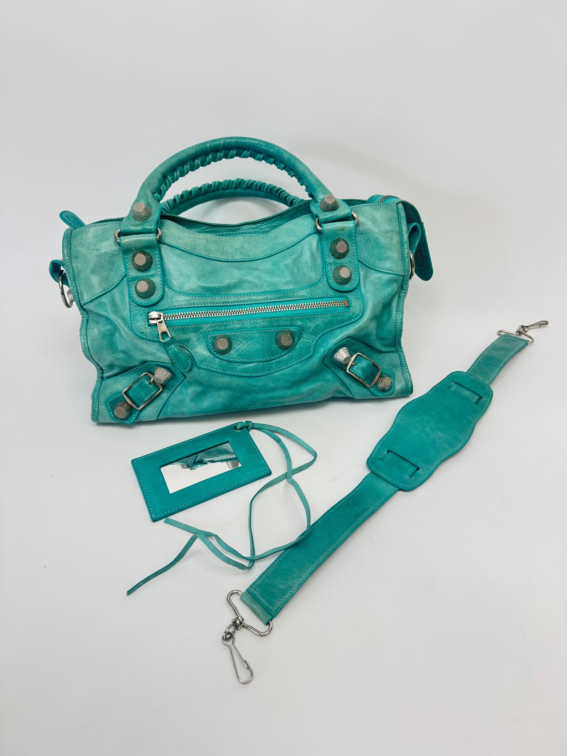Balenciaga Giant Le City Bag Turquoise with shoulder strap and mirror
