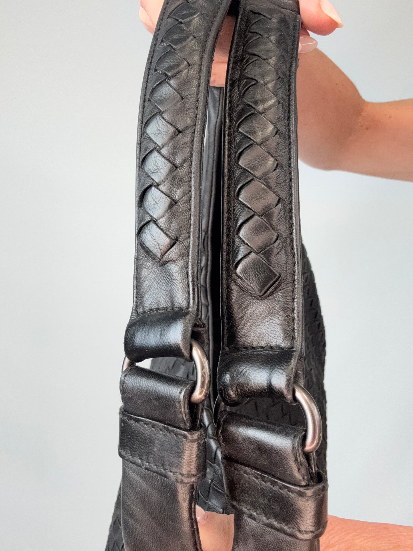Bottega Veneta Intrecciato Campana Hobo Bag left side of straps