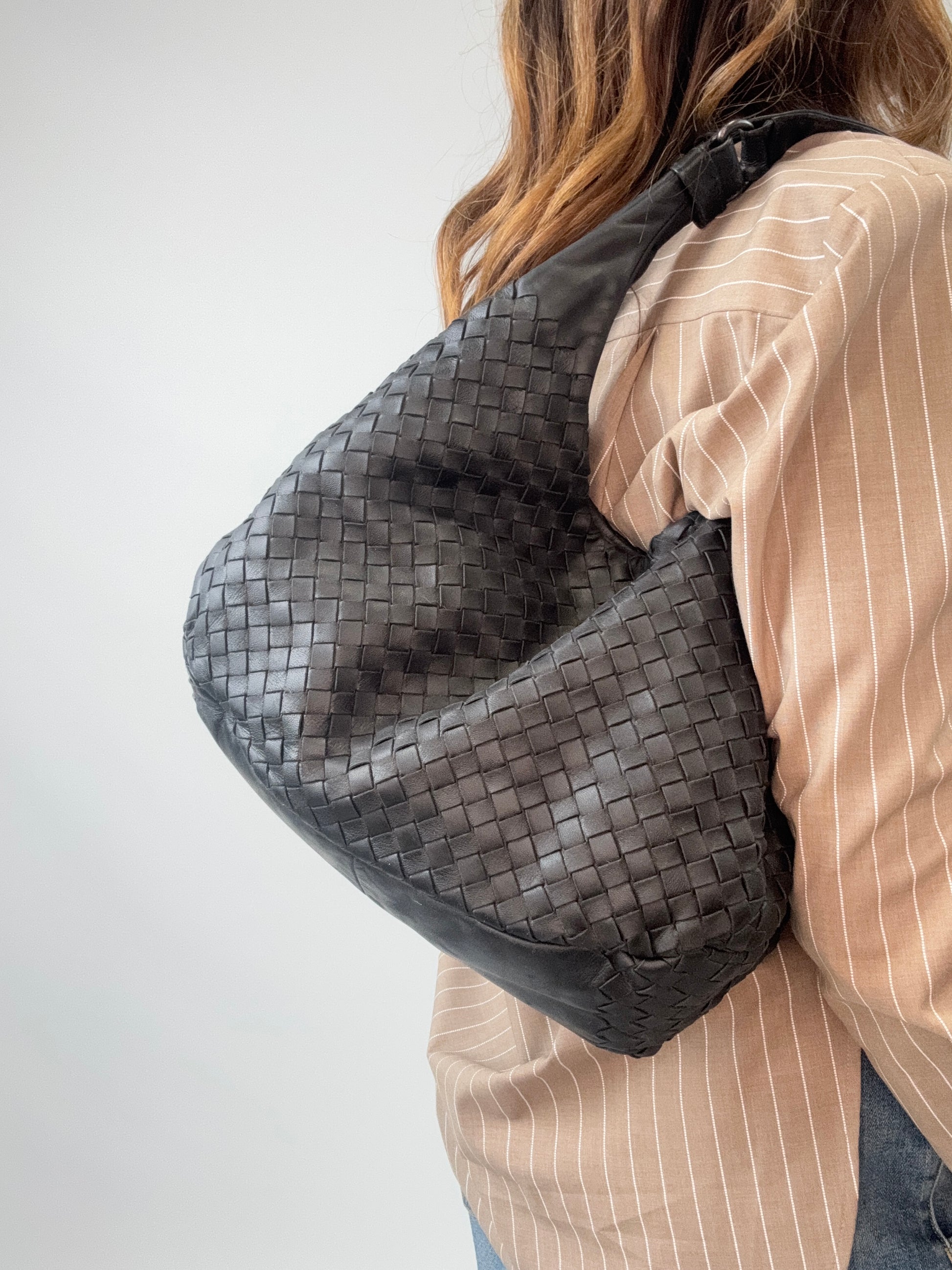 Bottega Veneta Intrecciato Campana Hobo Bag modeled