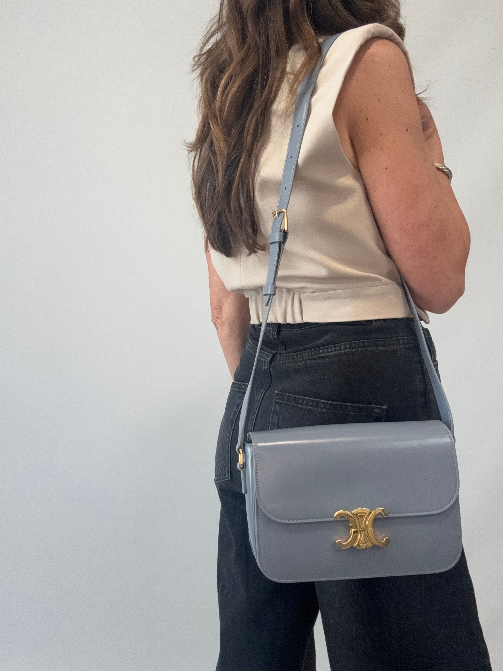 Celine Teen Triomphe Calfskin Shoulder Bag modeled