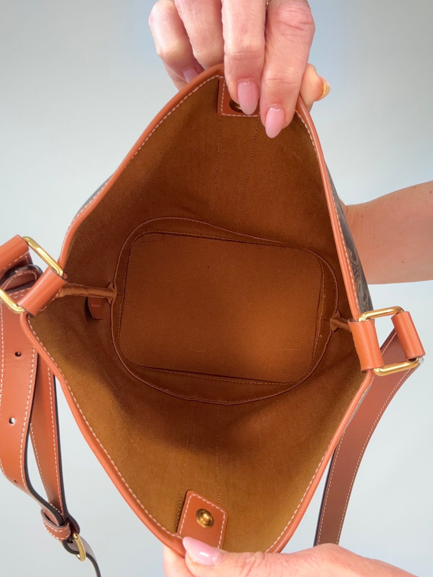 Celine Triomphe Bucket Bag interior of handbag