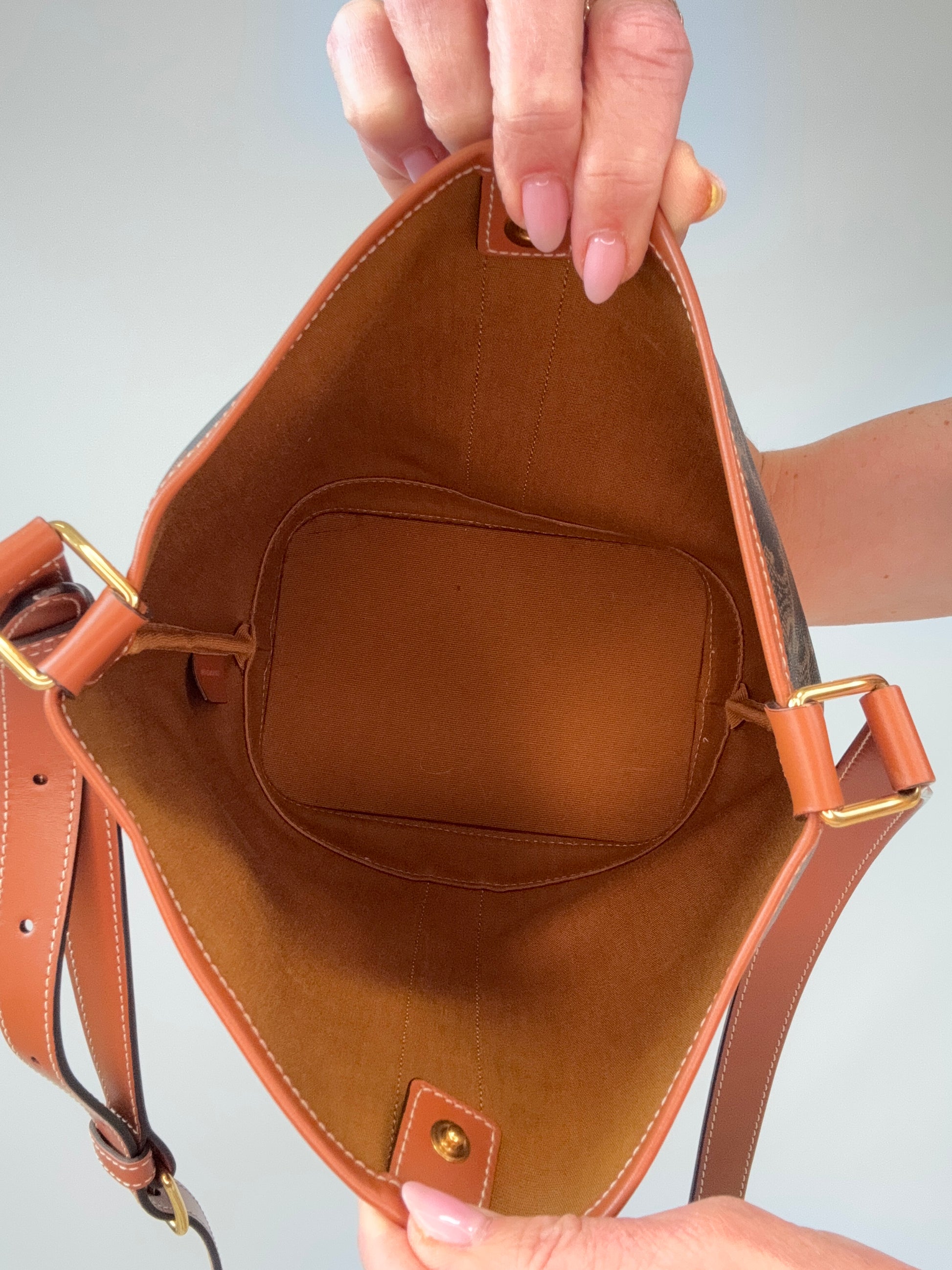 Celine Triomphe Bucket Bag interior of handbag