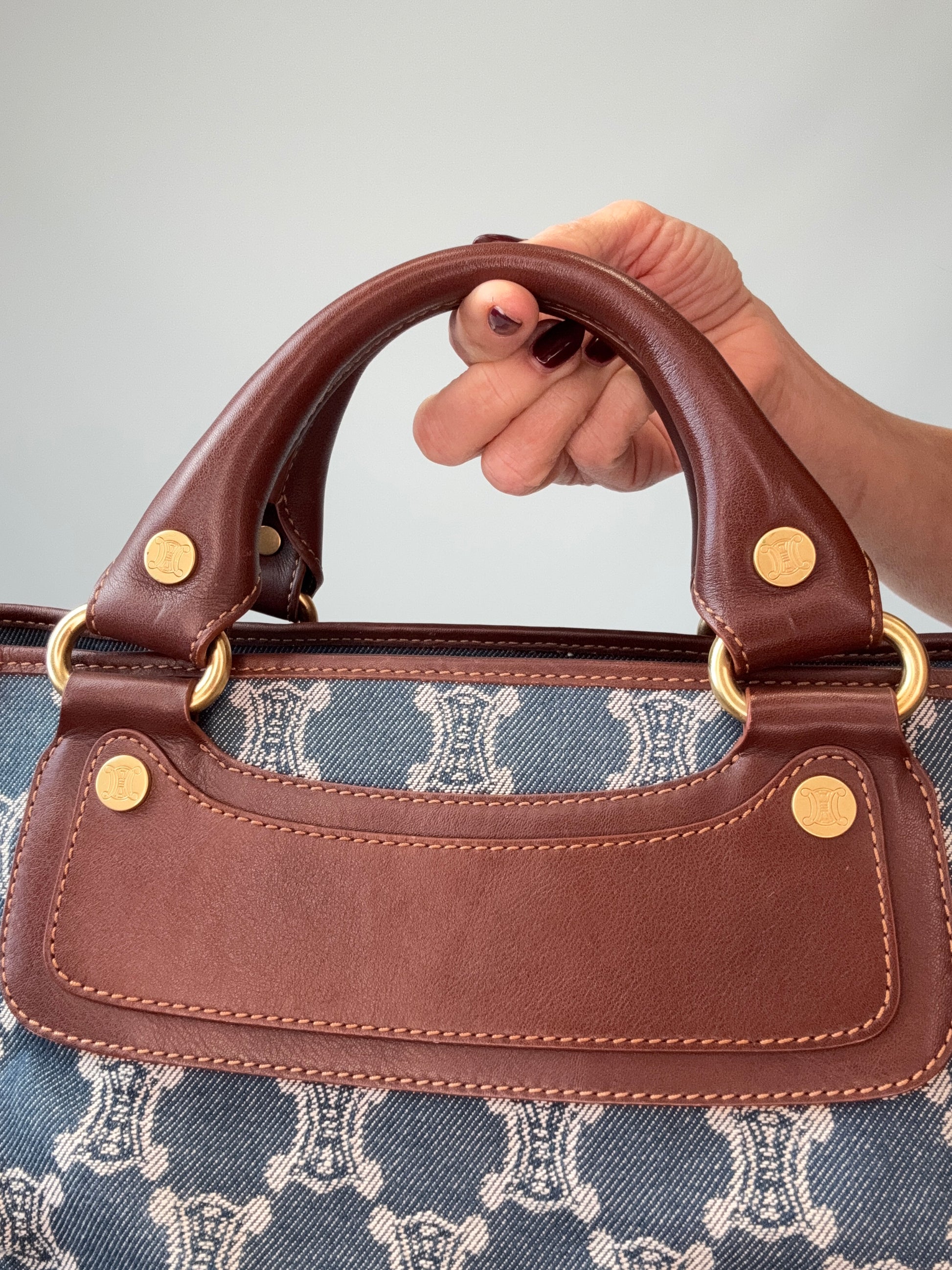 Celine Triomphe Denim Leather Boogie Bag front of top handles