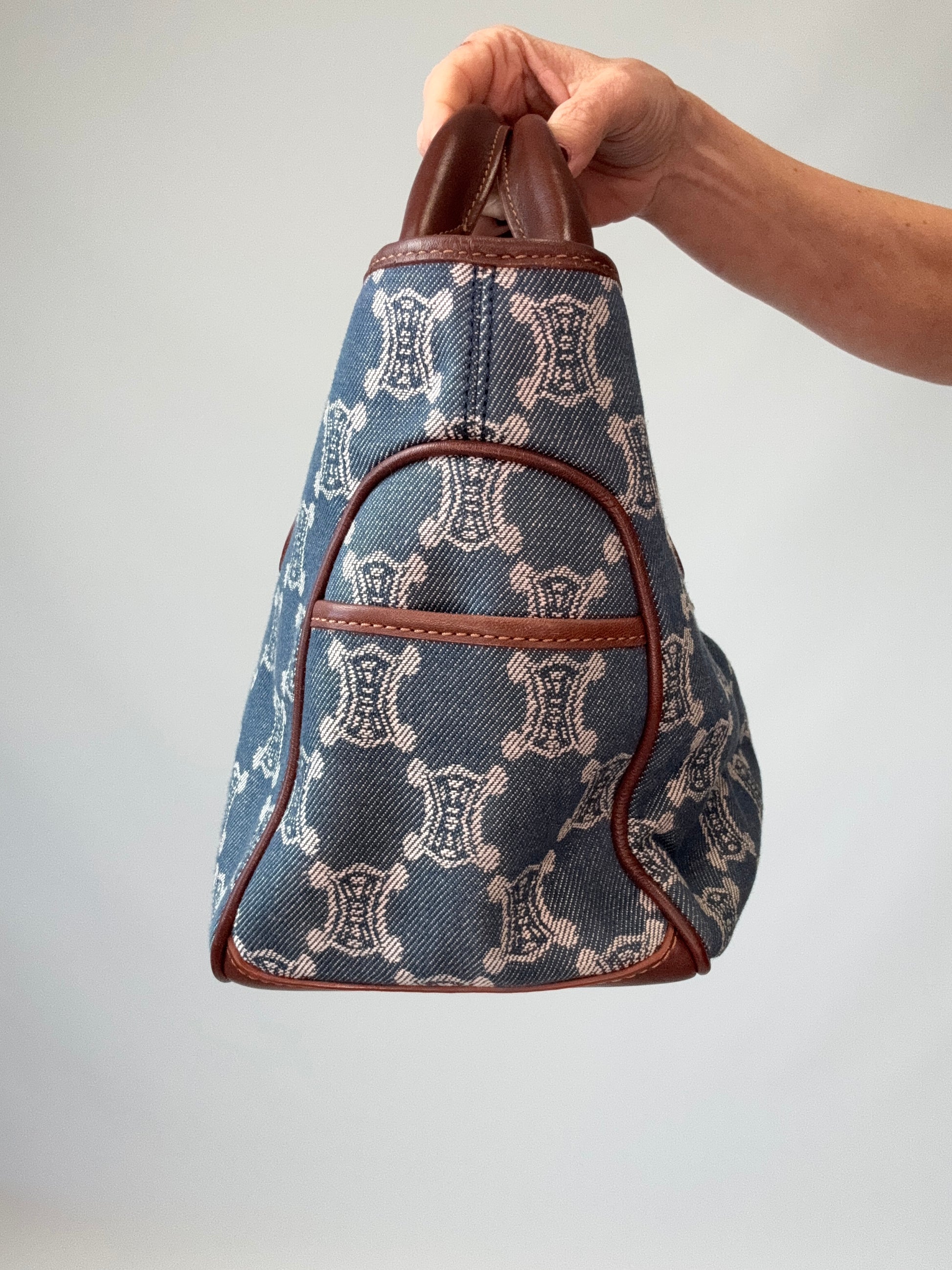 Celine Triomphe Denim Leather Boogie Bag left side of handbag