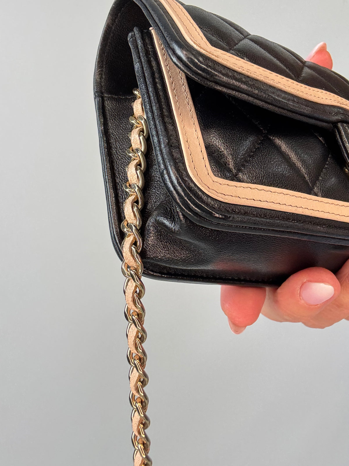 Chanel 23B Two Tone Quilted Lambskin Mini Flap - Black & Beige front left bottom corner