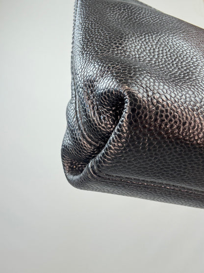 Chanel Black Caviar Resin Oversized XL CC Clutch back left bottom corner