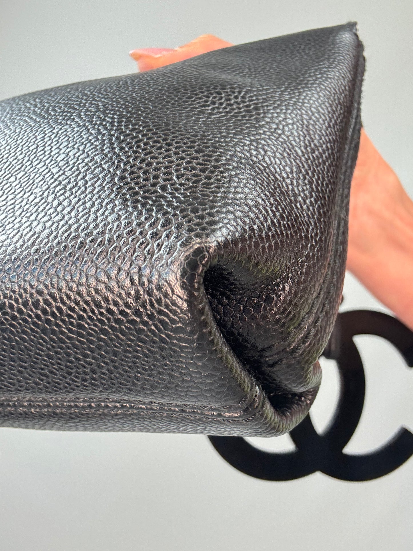 Chanel Black Caviar Resin Oversized XL CC Clutch back right bottom corner