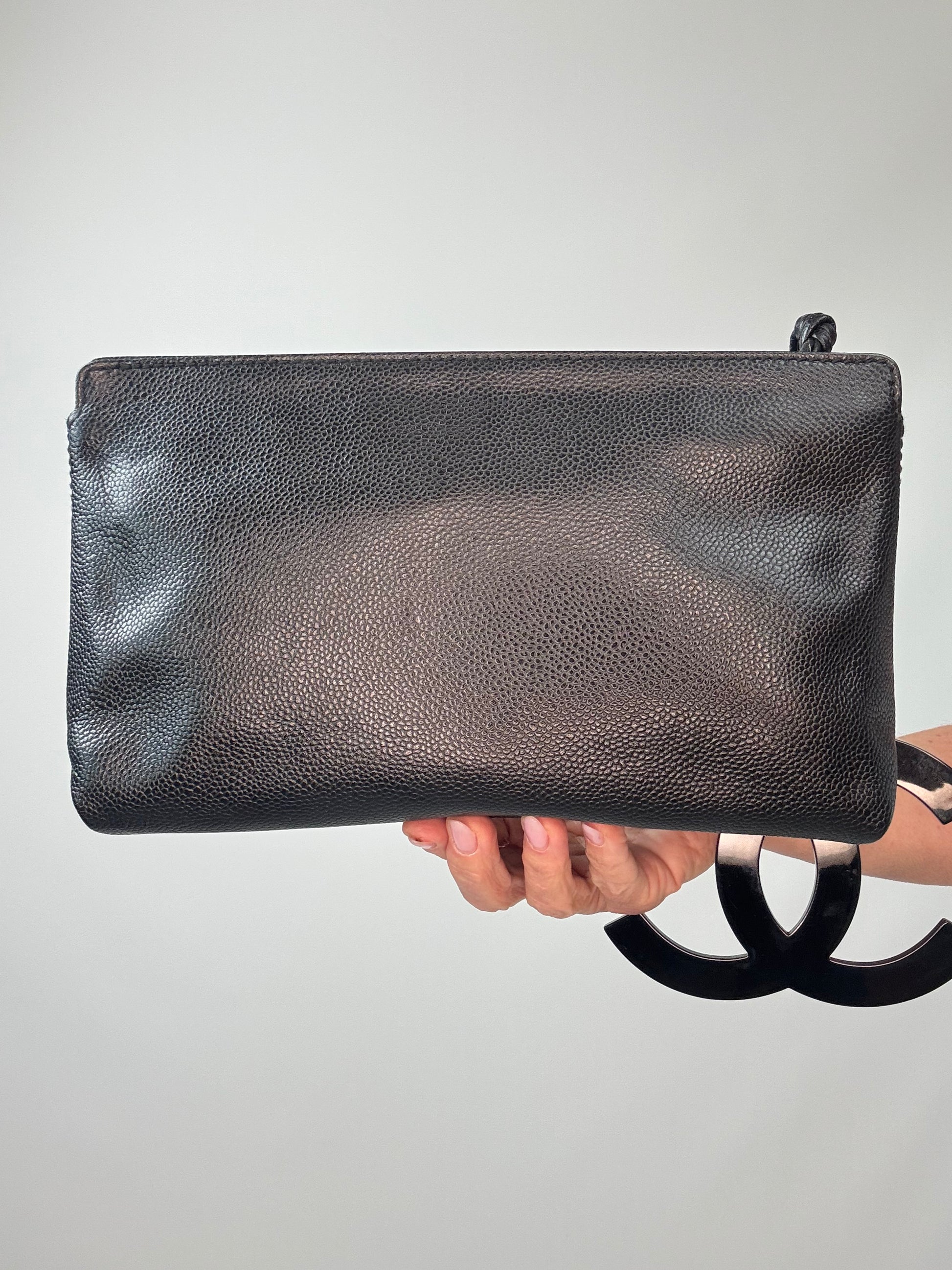 Chanel Black Caviar Resin Oversized XL CC Clutch back of clutch