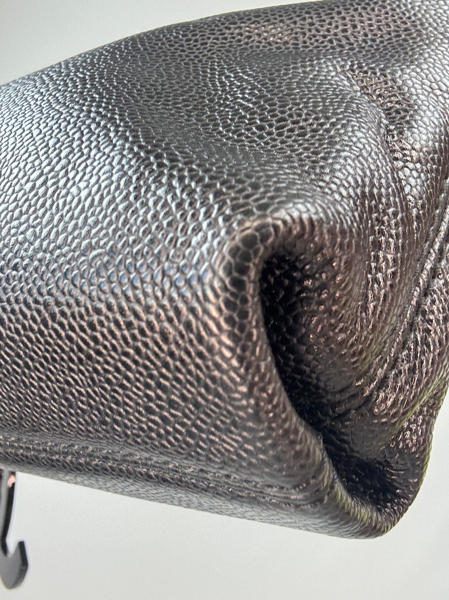 Chanel Black Caviar Resin Oversized XL CC Clutch front right bottom corner