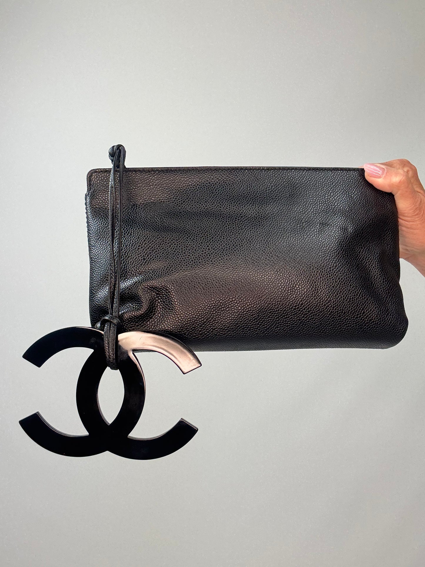 Chanel Black Caviar Resin Oversized XL CC Clutch front of clutch