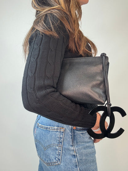 Chanel Black Caviar Resin Oversized XL CC Clutch modeled 2