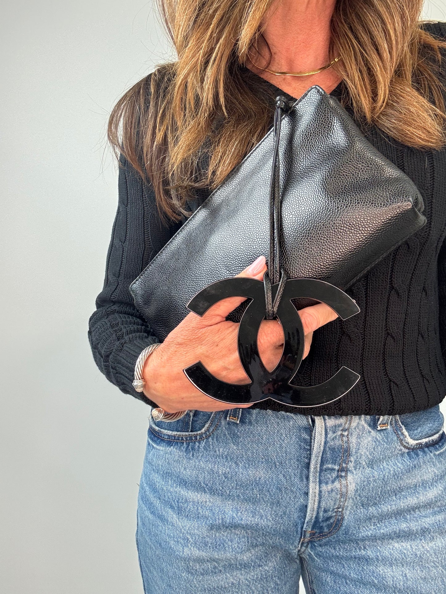Chanel Black Caviar Resin Oversized XL CC Clutch modeled