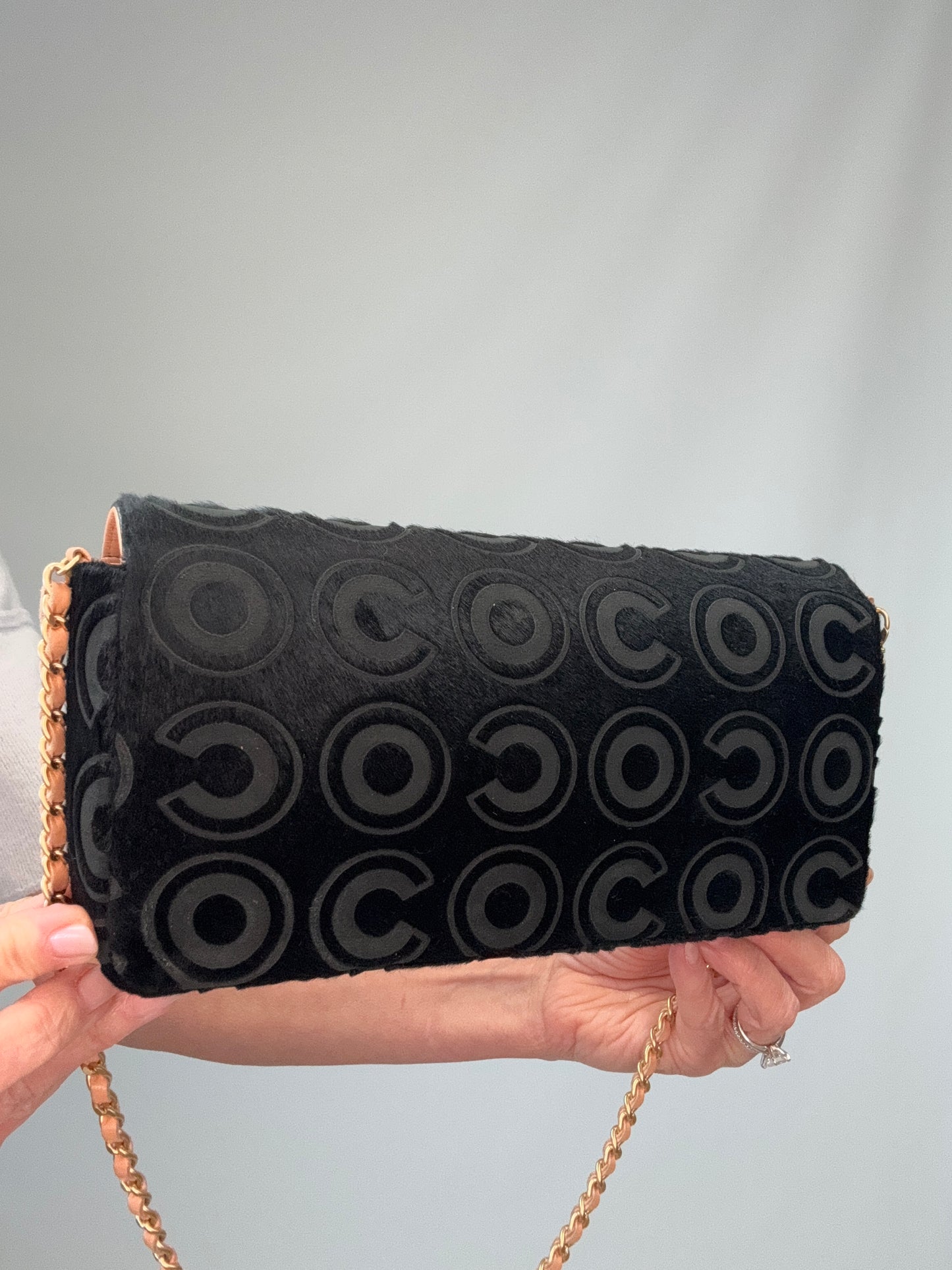 Chanel Black Pony Hair Coco East West Flap Bag back left side view