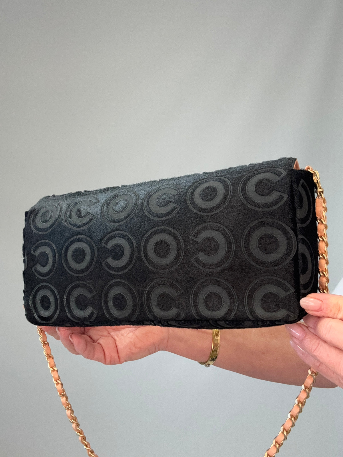 Chanel Black Pony Hair Coco East West Flap Bag back right side view