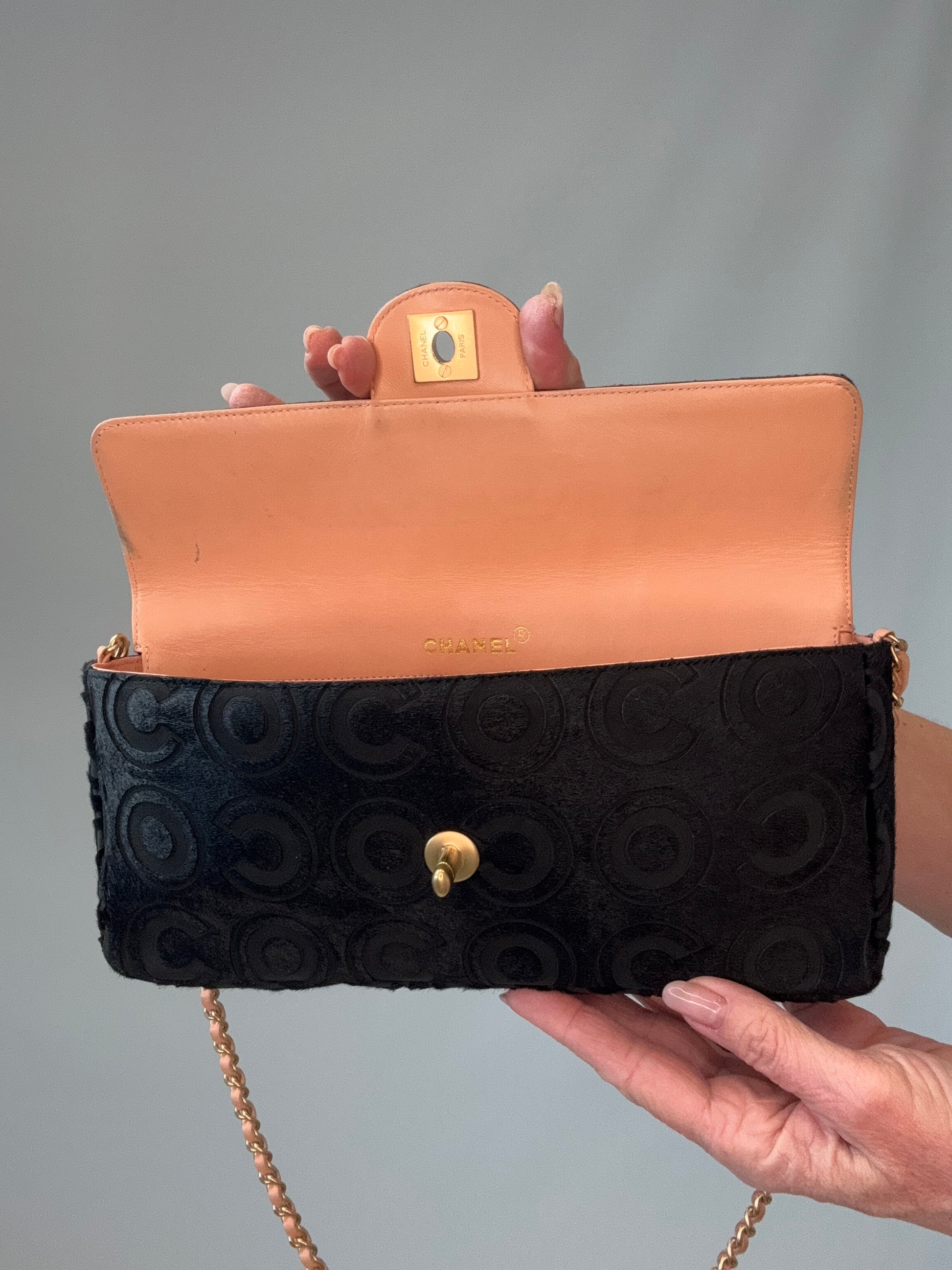 Chanel Black Pony Hair Coco East West Flap Bag flap interior