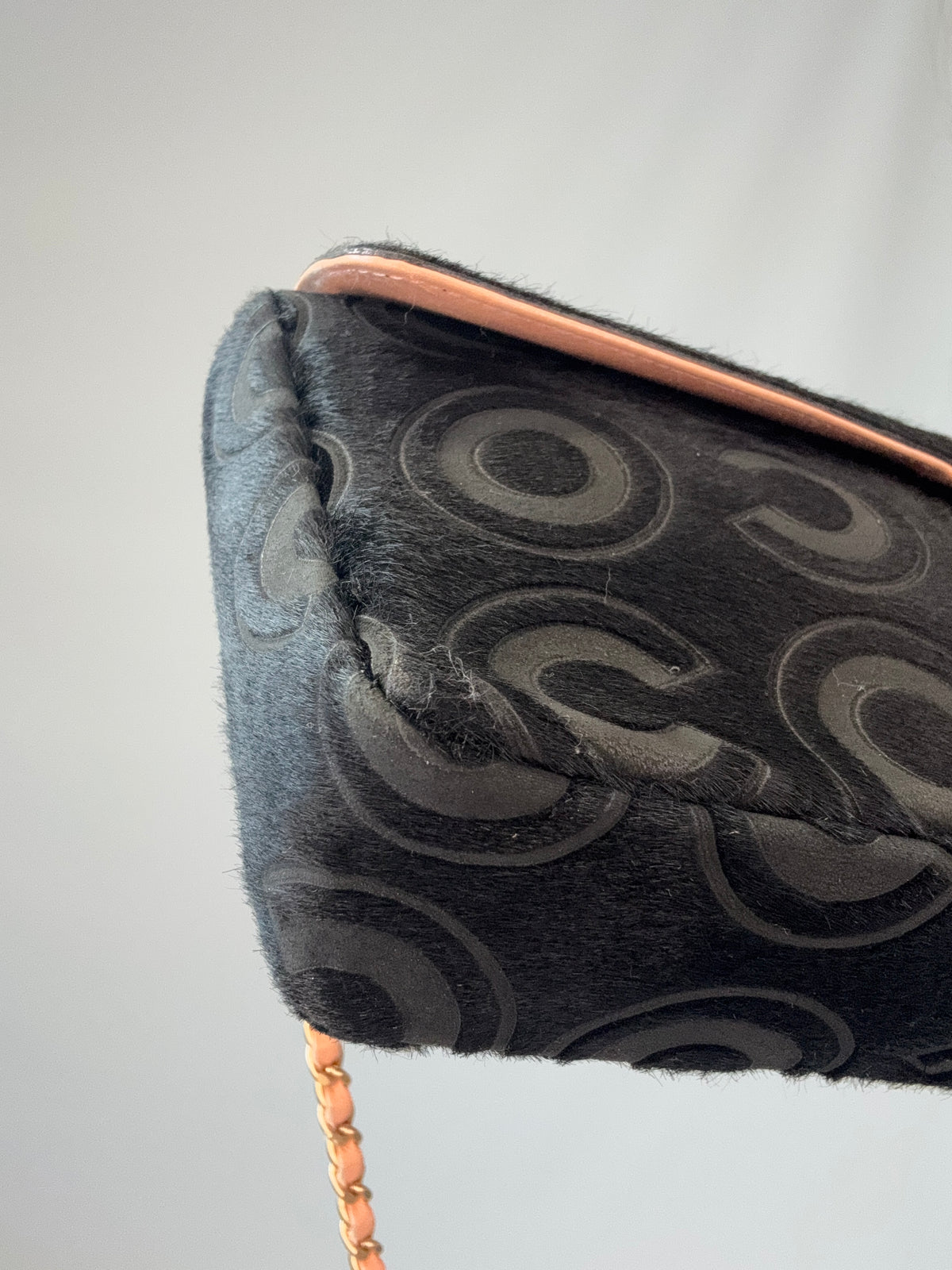 Chanel Black Pony Hair Coco East  West Flap Bag front left bottom corner