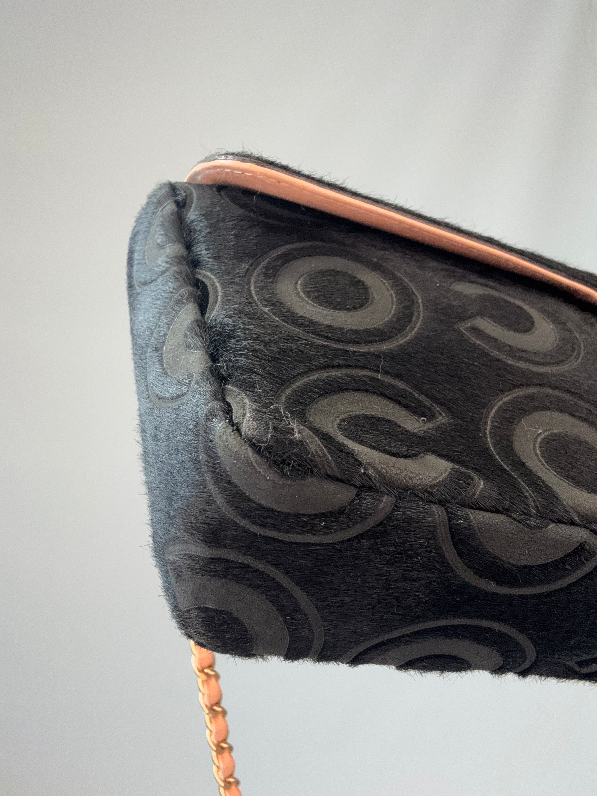 Chanel Black Pony Hair Coco East  West Flap Bag front left bottom corner