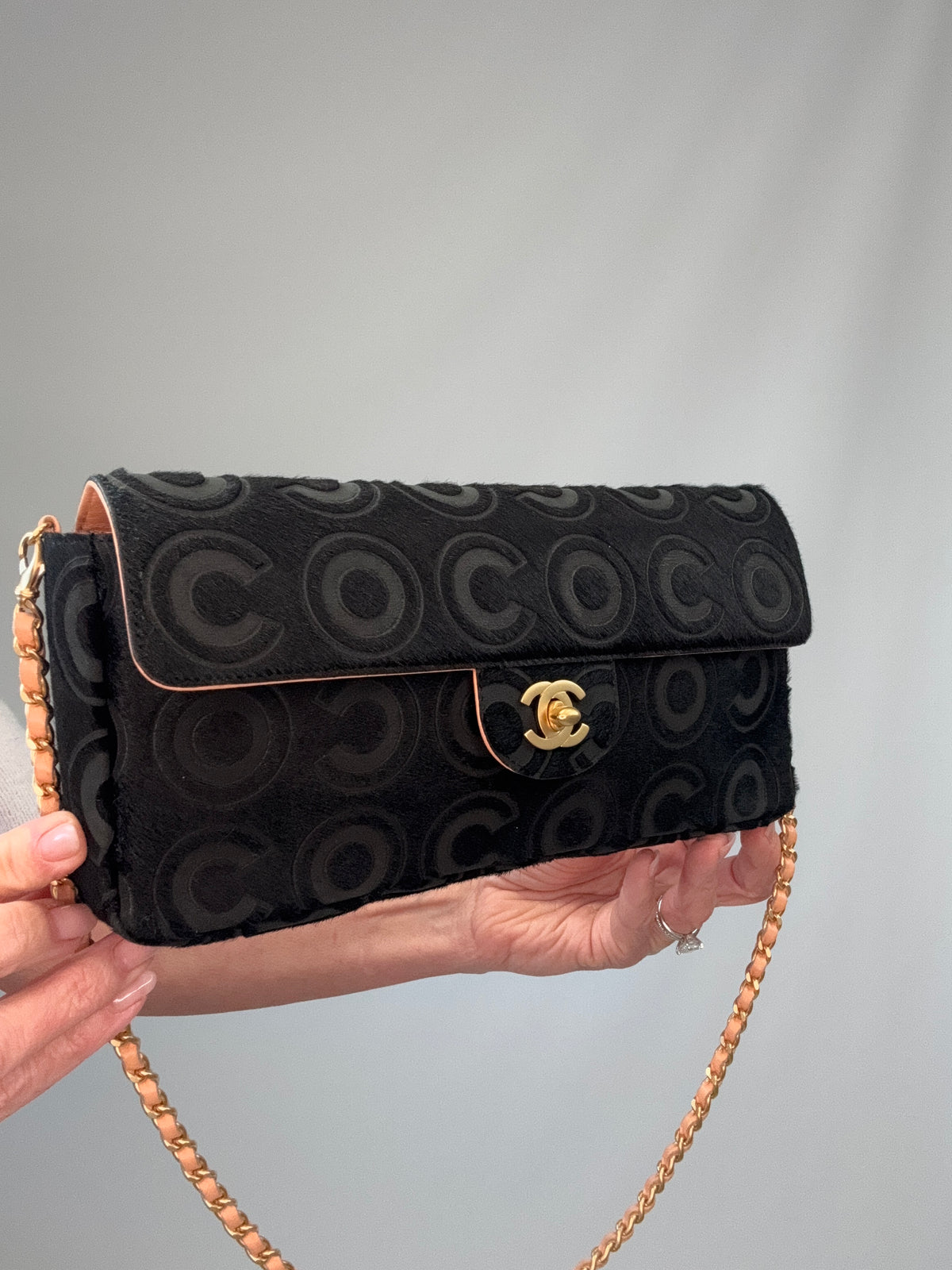 Chanel Black Pony Hair Coco East West Flap Bag front left side view