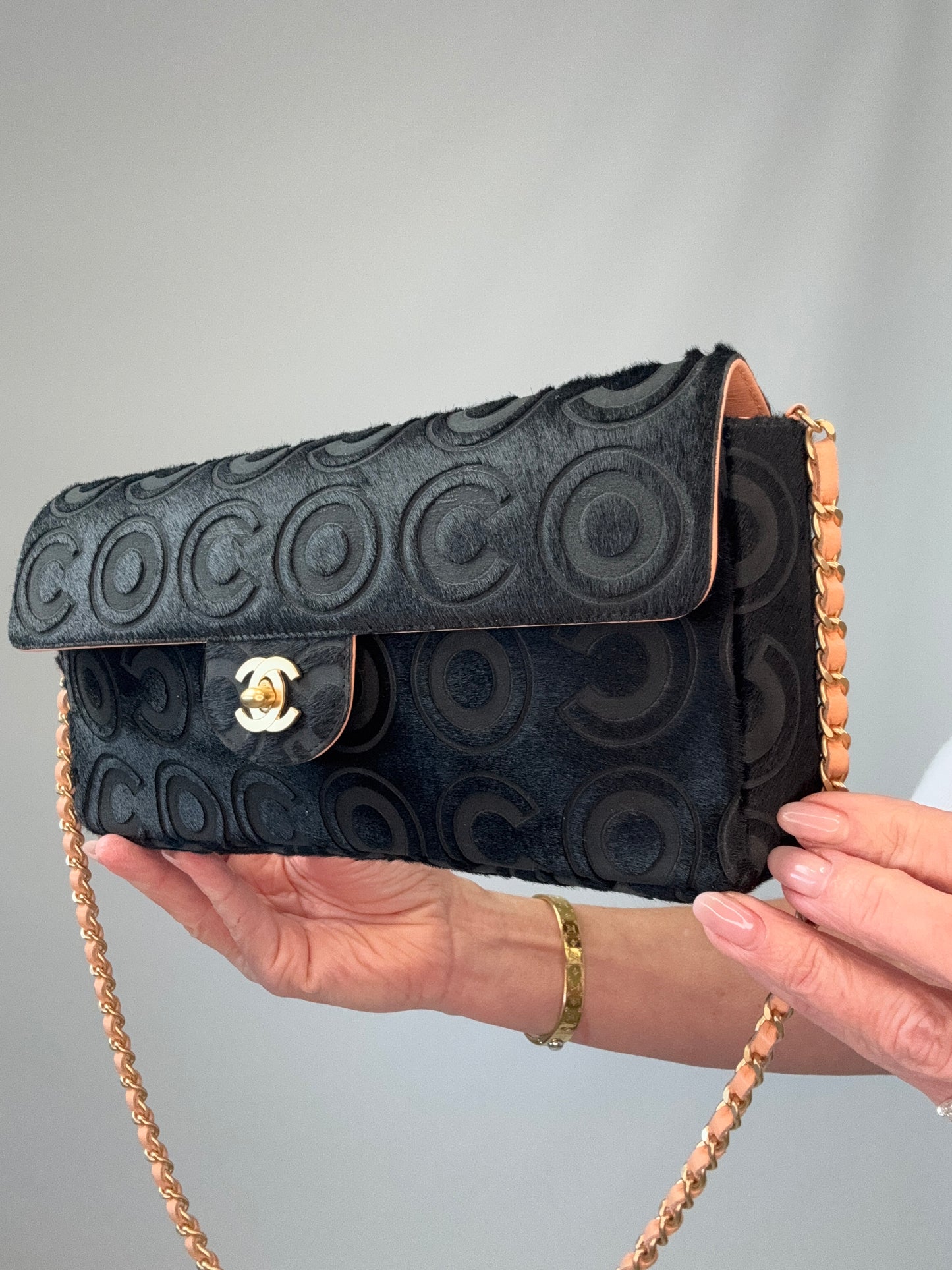 Chanel Black Pony Hair Coco East West Flap Bag front right side view
