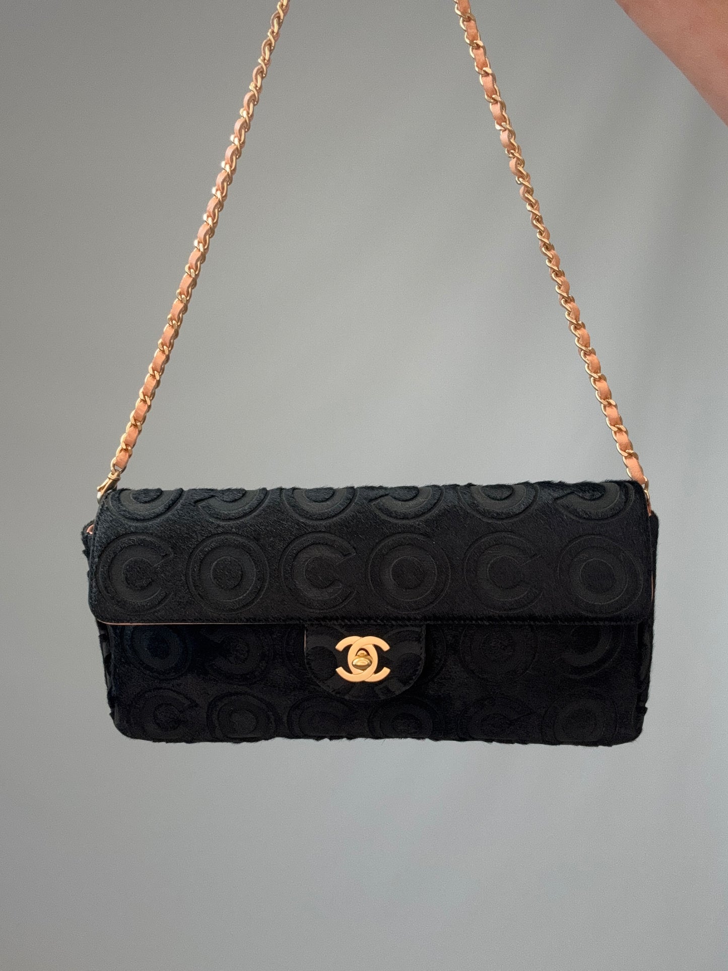 Chanel Black Pony Hair Coco East West Flap Bag front of bag