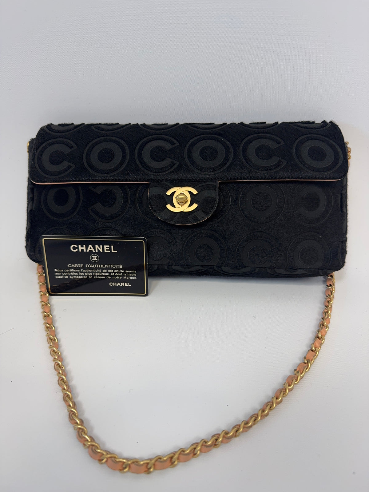 Chanel Black Pony Hair Coco East West Flap Bag with authenticity card