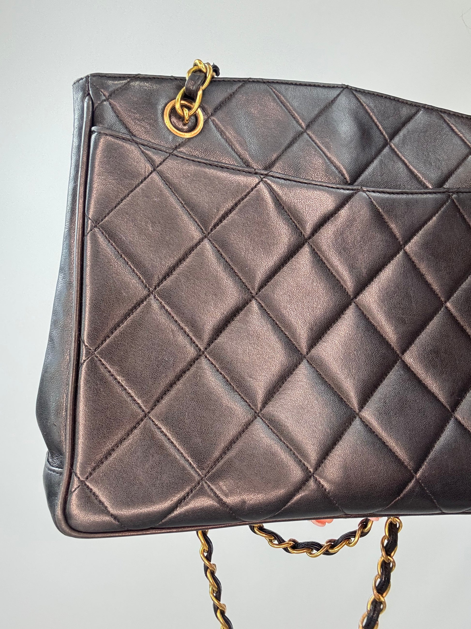 Chanel Black Quilted Caviar Leather CC Shoulder Bag back left side view
