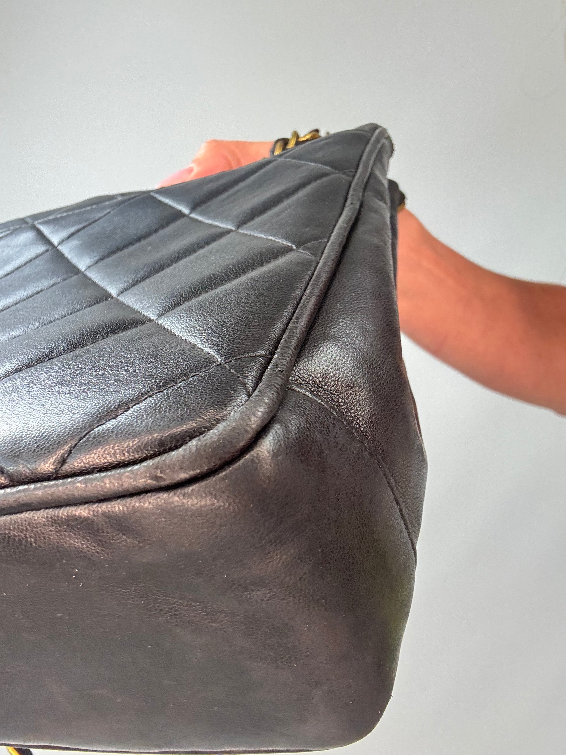 Chanel Black Quilted Caviar Leather CC Shoulder Bag back right bottom corner