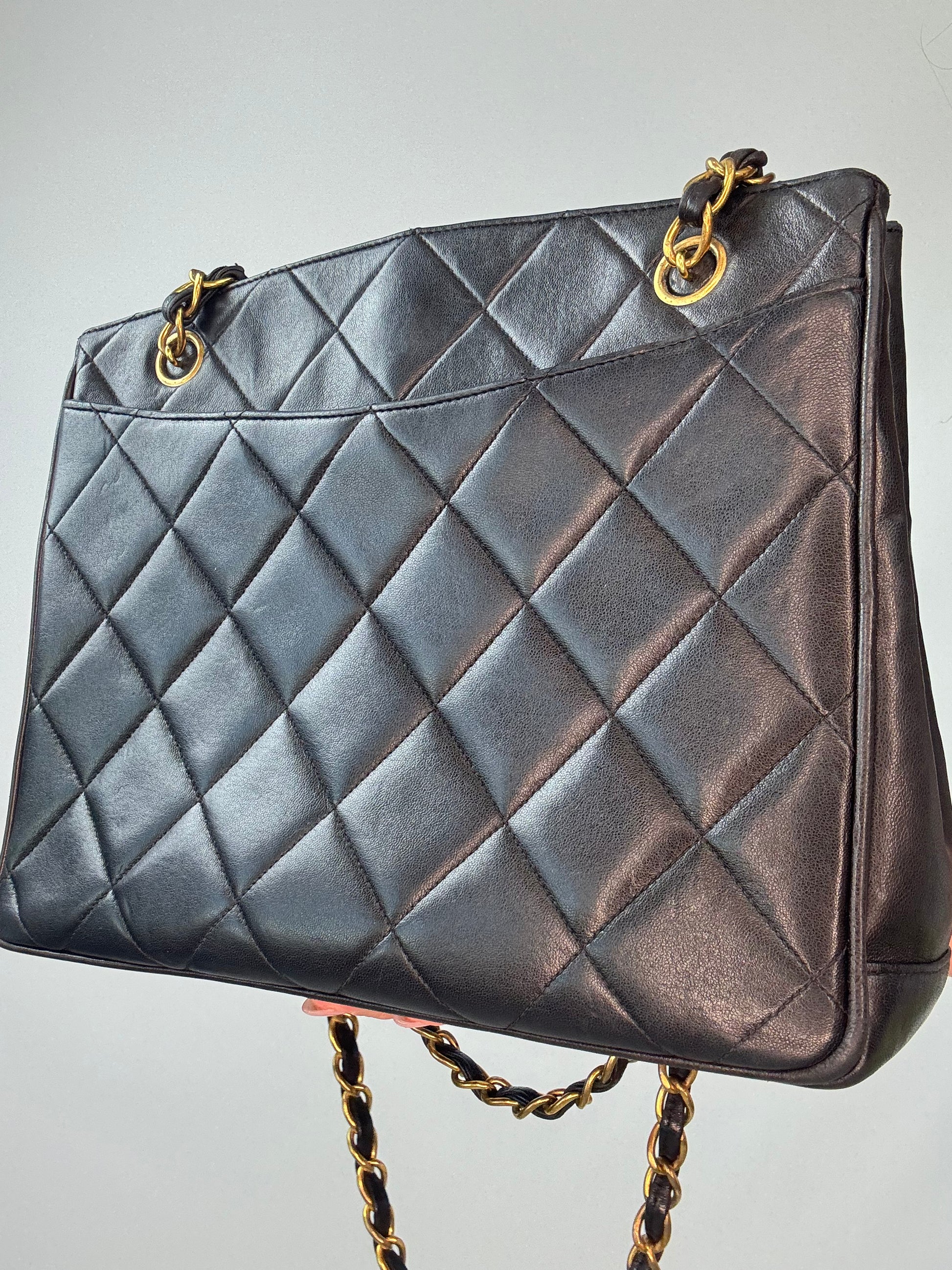 Chanel Black Quilted Caviar Leather CC Shoulder Bag back right side view