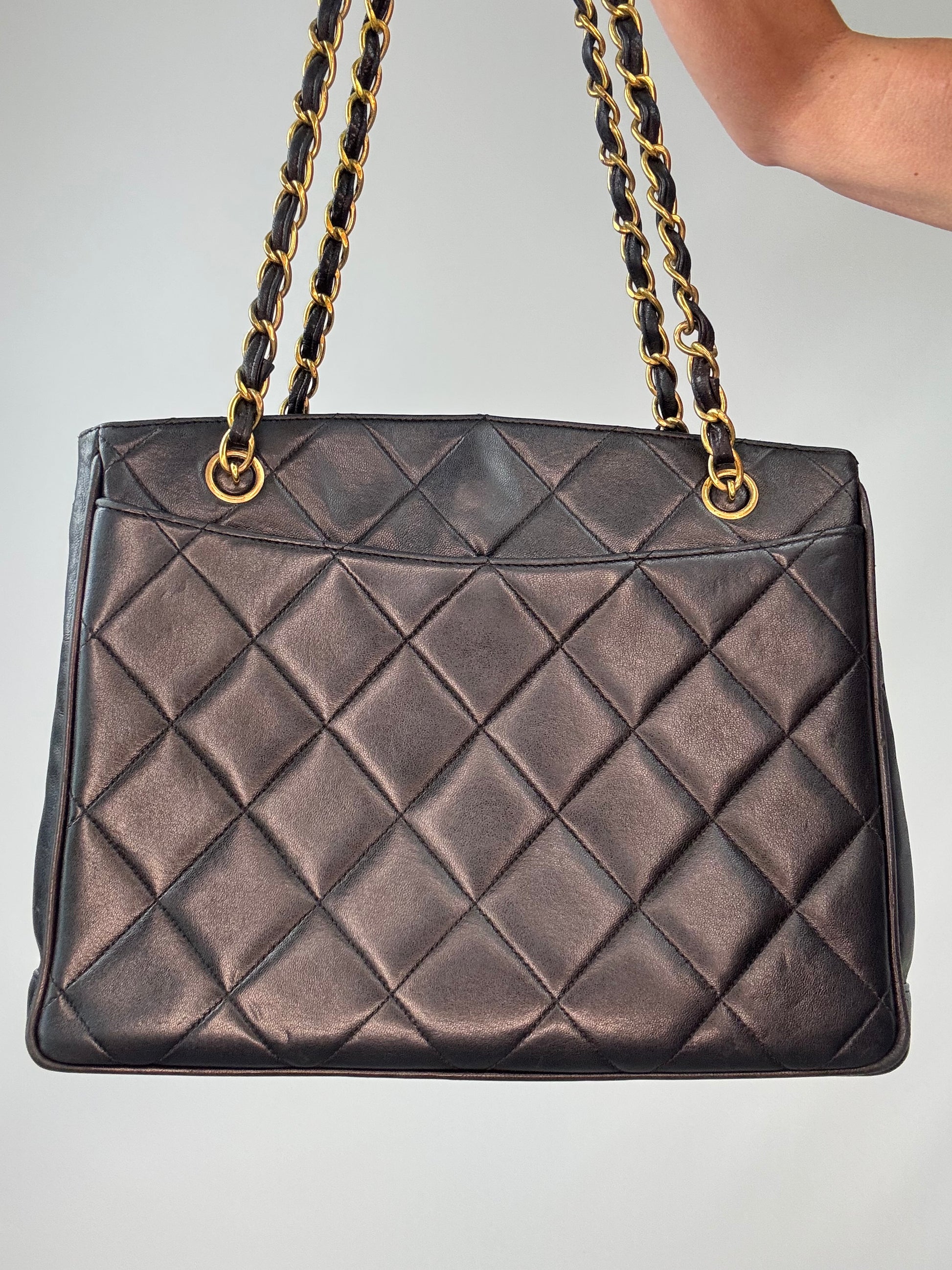 Chanel Black Quilted Caviar Leather CC Shoulder Bag back of handbag