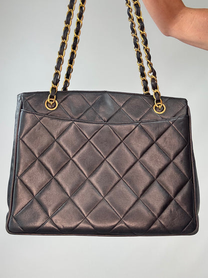 Chanel Black Quilted Caviar Leather CC Shoulder Bag back of handbag