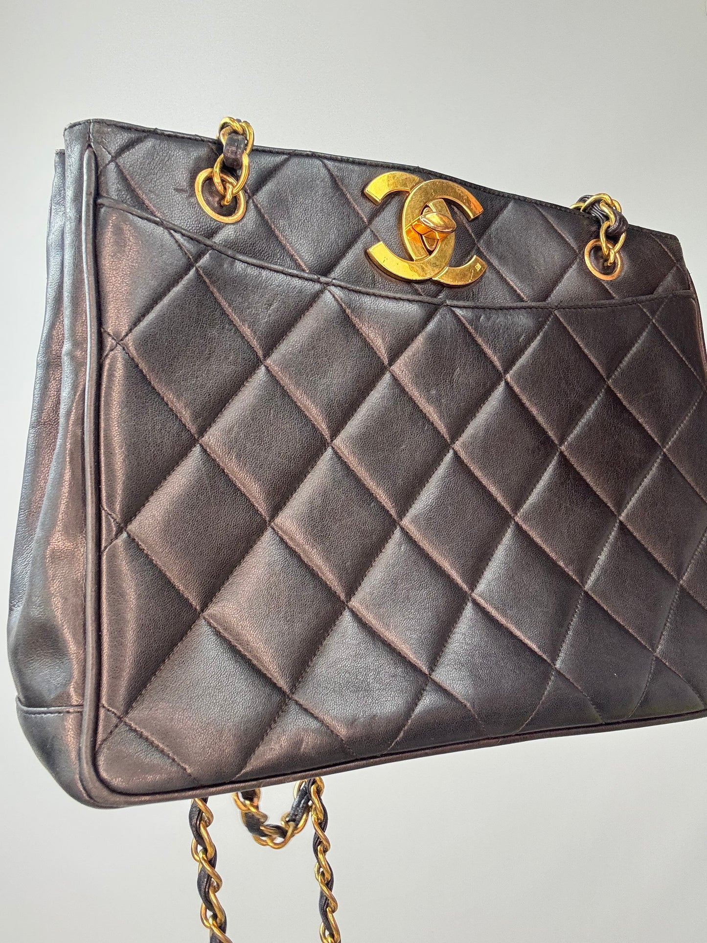 Chanel Black Quilted Caviar Leather CC Shoulder Bag front left side view