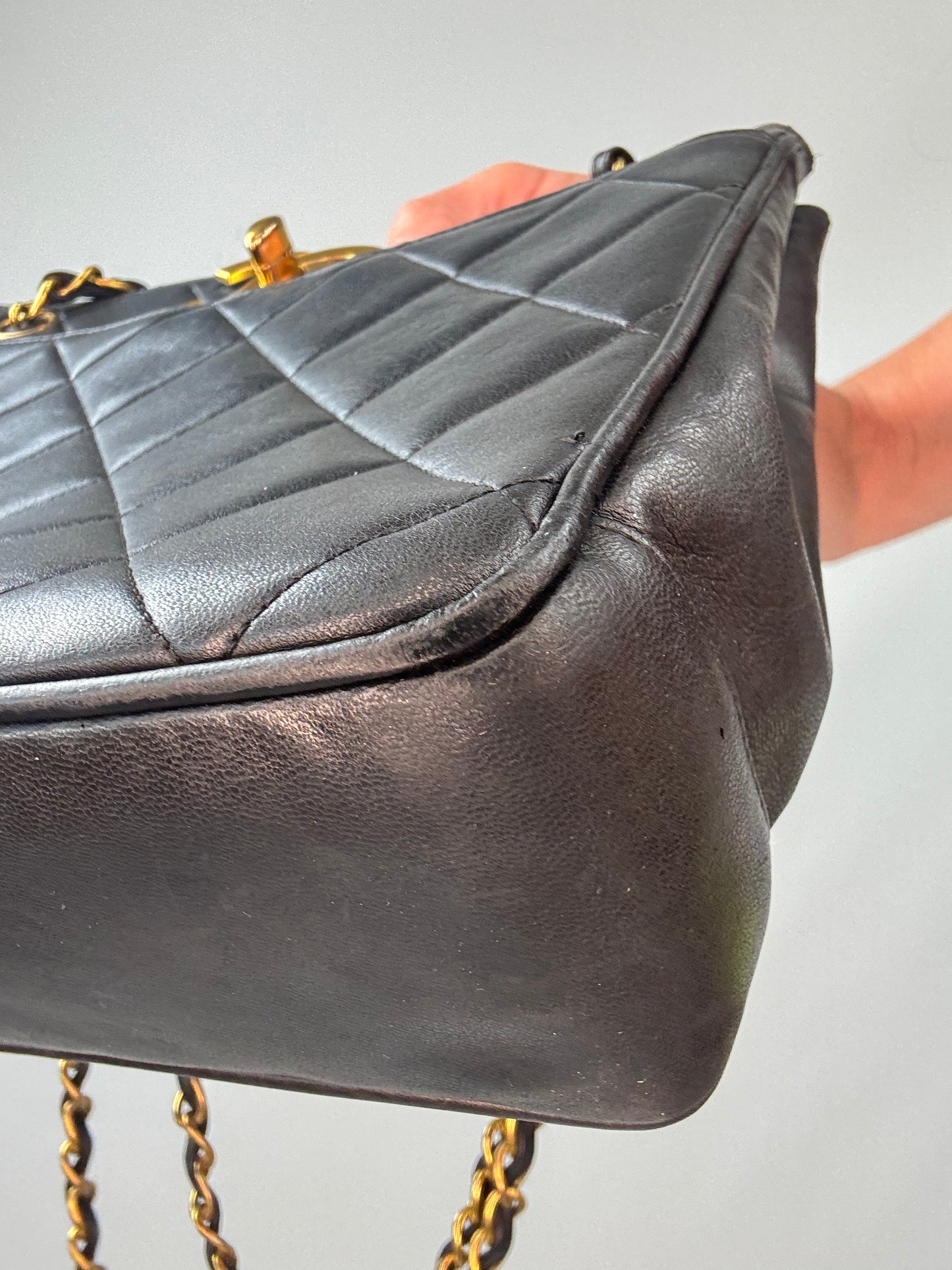 Chanel Black Quilted Caviar Leather CC Shoulder Bag front right bottom corner